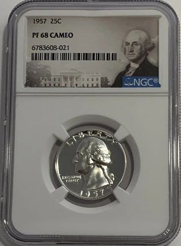 1957 NGC PF68 Cameo 90% Silver Proof Washington Quarter 25c Portrait Label
