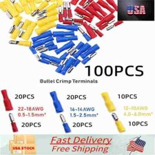 22-10 Female Male Crimp Terminals Insulated Bullet Butt Wire Connectors 100x AWG