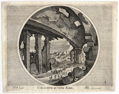 Antiker Meisterdruck-ARCHITEKTUR-KOLOSSEUM-ROM-Hondius-Stevens-1600
