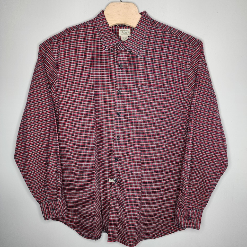 LL Bean Shirt Mens XXL Reg Red Green Plaid Button Up Heavyweight Cotton