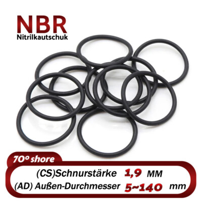 O-Ring AD 5-140 mm Schnurstärke 1,9 mm NBR Dichtung Dichtring Gummiring Nutring