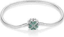 MULA 925 Sterling Silver Snake Chain Charm Bracelet 4 leaf clover 6.7 inches .