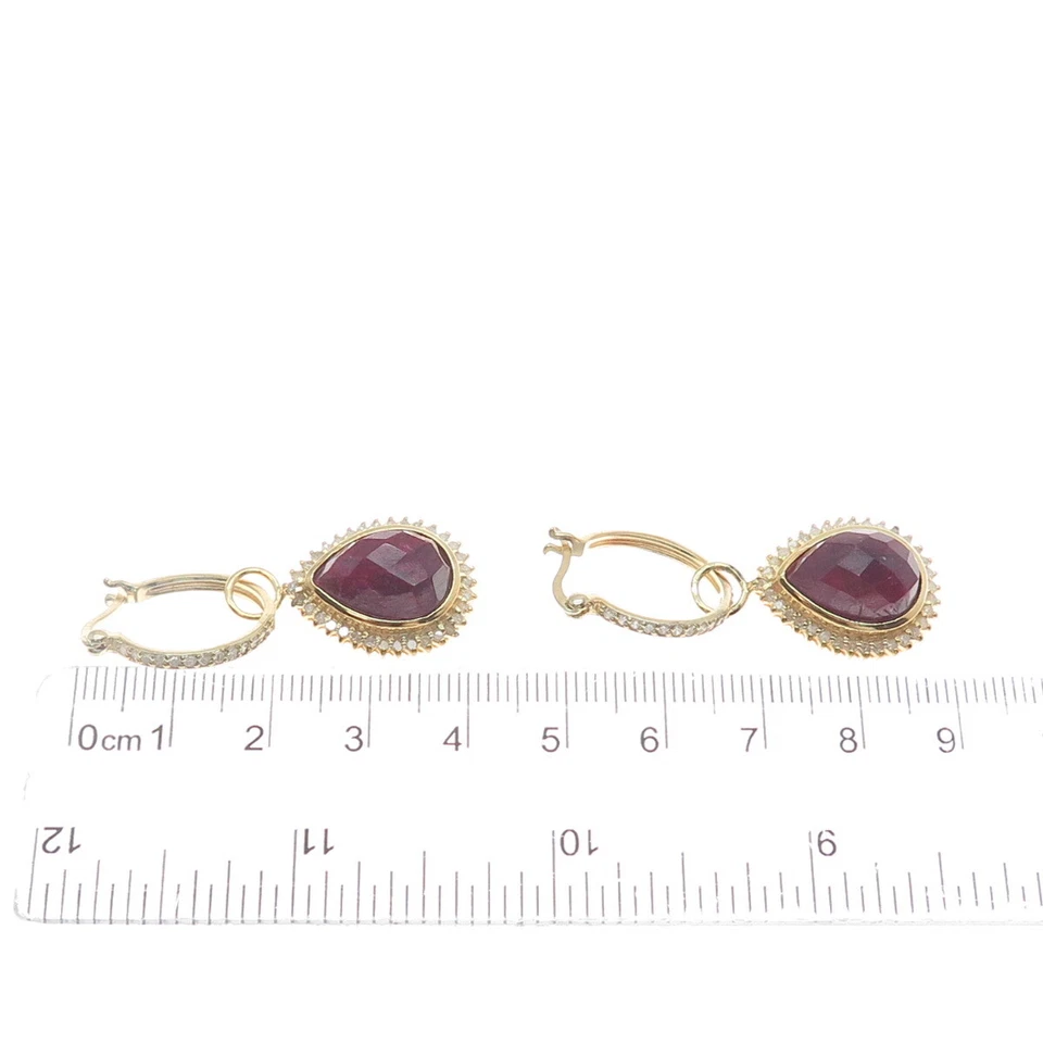 925 Sterling Silver Gold Plated SMK Real Diamond & Ruby Gem Hoop Dangle Earrings - Image 3 of 4