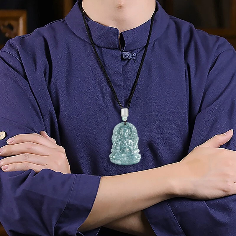 Collar Amuleto Buda Jade Natural Jadeíta Cuatro Brazos Guanyin Colgante de la Suerte Foto 4 de 4