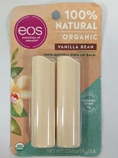 LOT OF 3-2 PACKS EOS VANILLA BEAN 100% NATURAL LIP BALM 0.14OZ = 6 LIP BALMS TTL