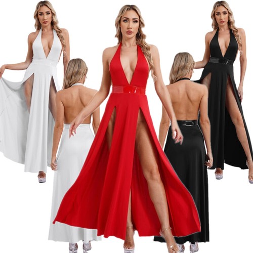 UK Sexy Womens Deep V Neck Halter Backless High Split Cocktail Party Maxi Dress - Picture 2 of 36