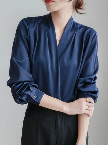 Sommer Damen OL Shirts Langarmshirt Seide V-Ausschnitt französisches Design Blusen Oberteil - Bild 8 von 16