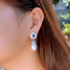 Women Silver Plated Long Dangle Drop Cubic Zirconia Wedding Party Pearl Earrings