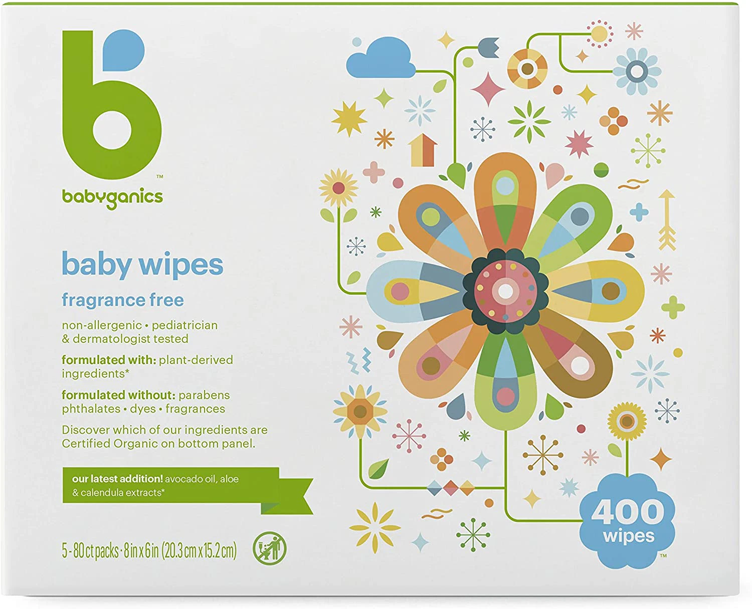 Baby Wipes, Babyganics Unscented Diaper Wipes , 400 Count, (5 Packs of 80)