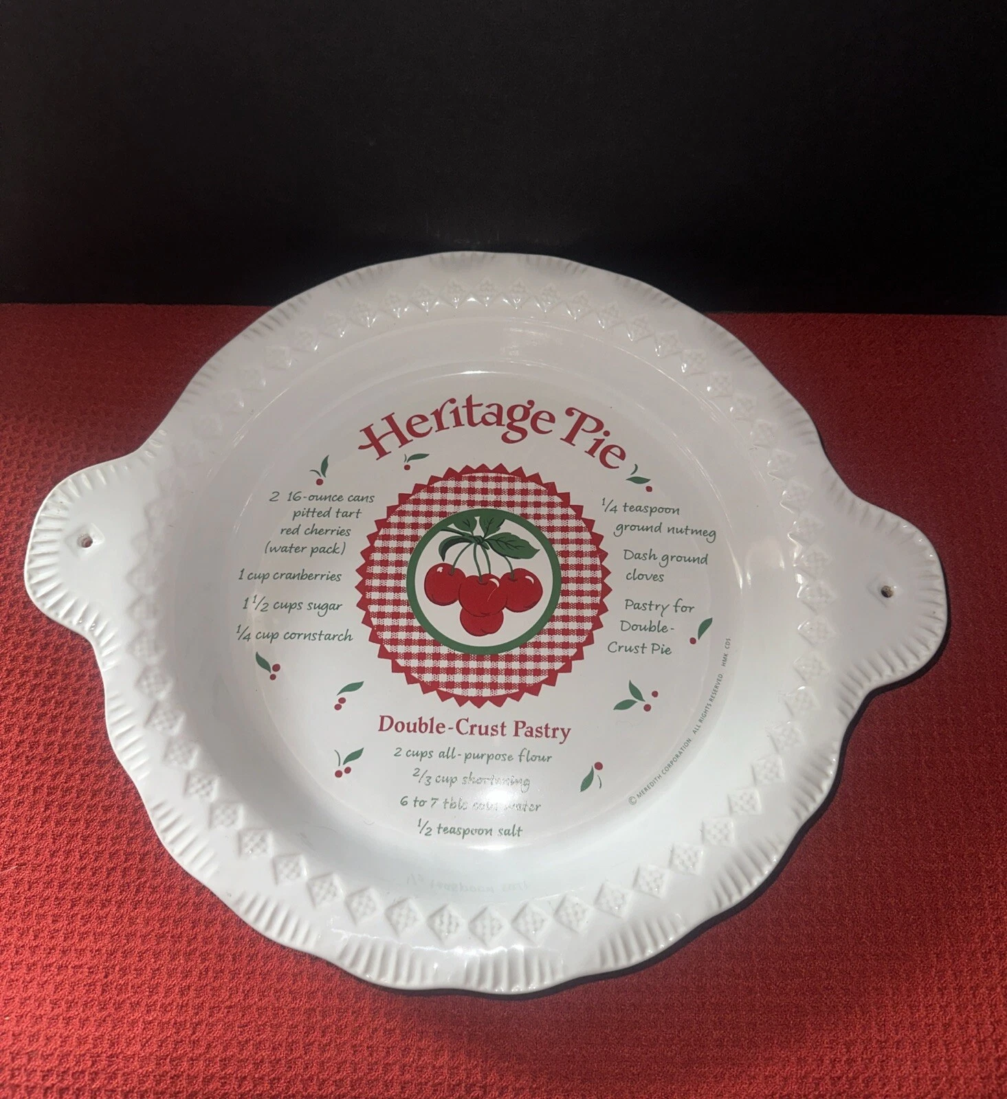 Vintage Pie Plate Cherry Heritage Pie Hallmark Double Crust Pastry Recipe EUC