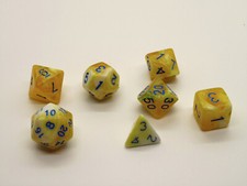 D D RPG 7 Piece Dice Set Swirl Yellow and White With Dice Bag 360