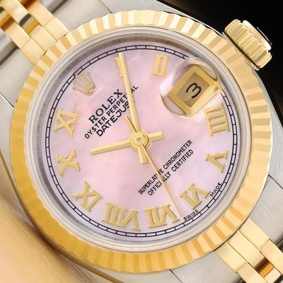ROLEX LADIES DATEJUST 69173 PINK MOTHER OF PEARL ROMAN DIAL 18K GOLD STEEL WATCH