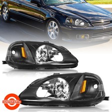 For 1999 2000 Honda Civic Ek Black Housing Amber Corner Headlights Assembly