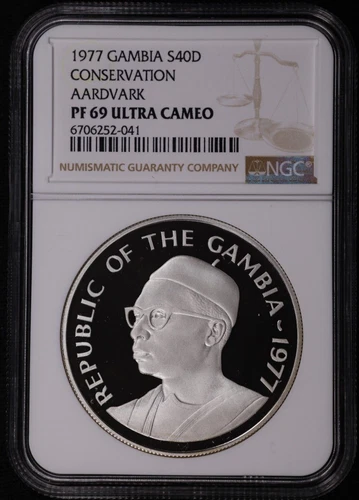 1977 Gambia S40D Dalasis Silver Proof Wildlife Series Aardwark NGC PF 69 UC
