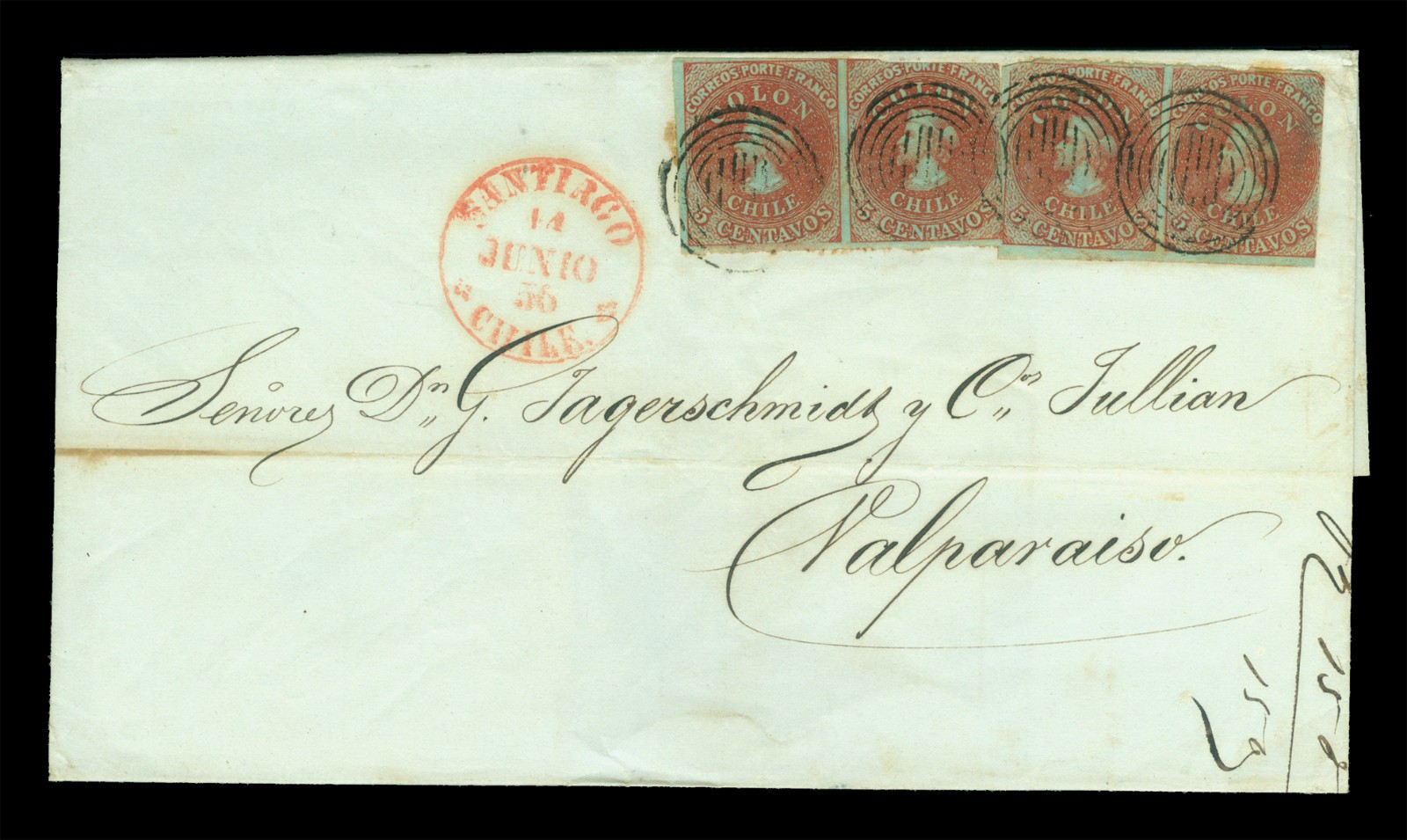 CHILE 1856.6.14 COLUMBUS Perkins Bacon 5c brown red Sc# 8 x4 (2 pairs) on cover