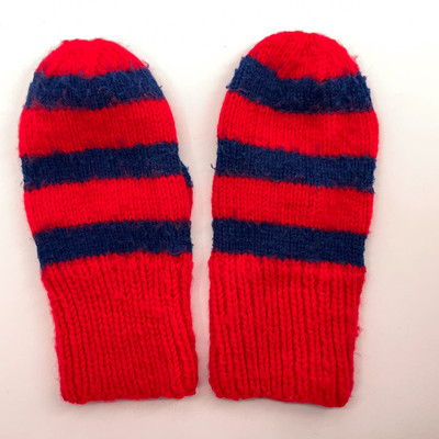 Home made red with blue stripe knit winter mittens