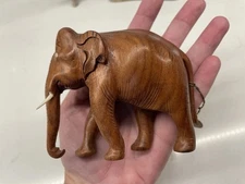 Vintage Elephant Hand Carved Wood Animal Tusks Extended Trunk Made In India