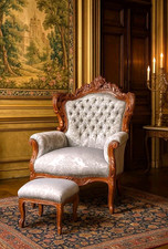 GRAND FAUTEUIL AVEC TABOURET STYLE BAROQUE CHESTERFIELD BOIS MASSIF D'UN CHÂTEAU