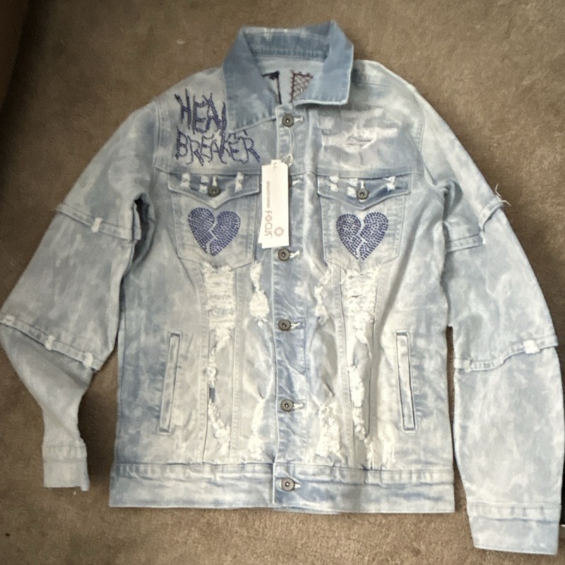 Womens Blue Button Front Jacket Embroidered Hearts "Heart Breaker" Pockets M