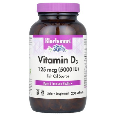 Bluebonnet Nutrition Vitamin D3 5000 IU 250 Softgels Egg-Free, Gluten-Free,