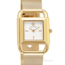 Tory Burch Phipps Womens Gold Watch, White Square Dial, Flat Mesh Steel Strap