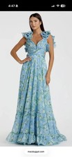 Mac Duggal Blue Ruffle Tiered Floral Cut Out Chiffon Gown Size 2