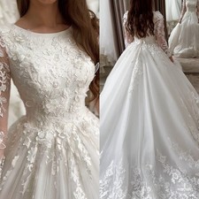 Lace Appliques Wedding Dresses Scoop Neck Long Sleeves Bridal Gowns Sweep Train