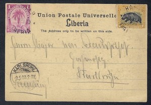 Liberia # 54 & 57 Postcard Harper-Karlsruhe Cockrill CP.12 Dated 17 APR 00 Hippo