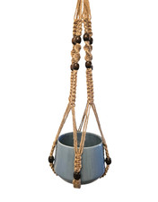 Vintage Mid-Century Macrame Jute Rope Plant Hanger 36 Beaded Includes Blue Pot
