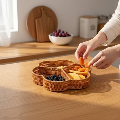 Gewebtes Geteilt Serviertablett Handgewebt Rattanimitat Obstplatte Rustikal