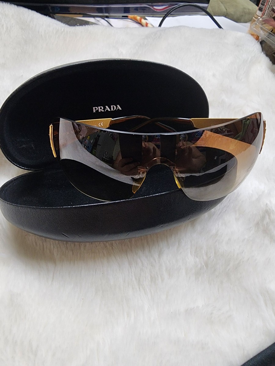 PRADA SPR 601 Shield Sunglasses Men Gold Metal Frame Brown