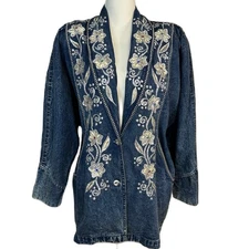 Vtg Niya Women Denim Blazer Jacket Size L Embroidered  Beads Sequins 80s Artsy