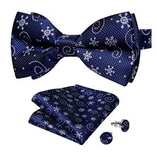 Mens Christmas Pre-tied Bow Tie and Pocket Square Set for Men with Xmas Blue