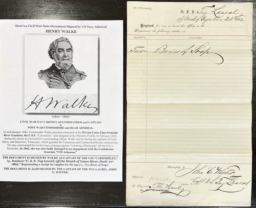 CIVIL WAR NAVY IRONCLAD SHIP COMMANDER CAPTAIN ADMIRAL WALKE DOCUMENT SIGNED/TUG