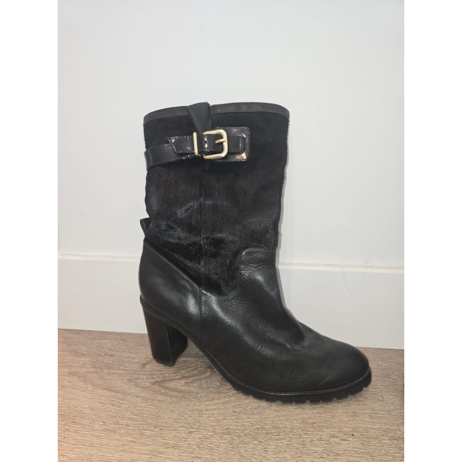 SAOLA Stivali Schutz in pelle nera taglia 7 metà polpaccio tacco a blocco fibbia suola a strappo Brasile