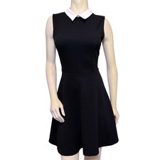 New Look Fit and Flare Dress Womens 10 Black White Peter Pan Collar Textured Mod