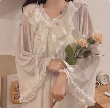 Mesh Dress Lace Flared Sleeve Ruffle Nightdress Sleepwear Nightgown Pajamas