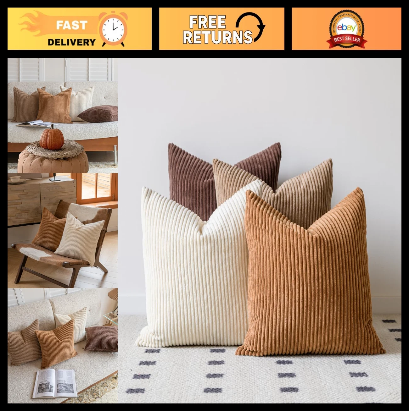Set of 4 Decorative 18x18 Inch Neutral Throw Pillow Covers - Farmhouse Boho Acce