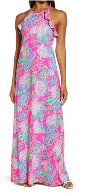 NWT Lilly Pulitzer XS Billie Halter Maxi Dress In Prosecco Pink Seaing Things