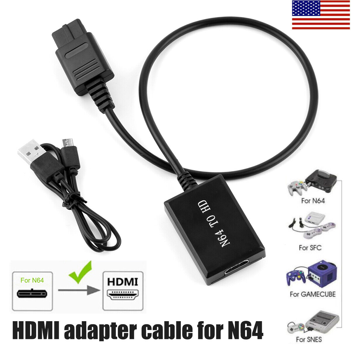 For Nintendo NES/SNES N64 Gamecube To HDMI Adapter Converter Cable USB Power | eBay