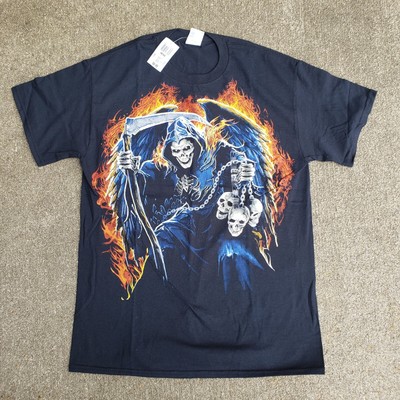 Grim Reaper w/ Skulls & Scythe Hell's Flames Death Skeleton Shirt Medium New