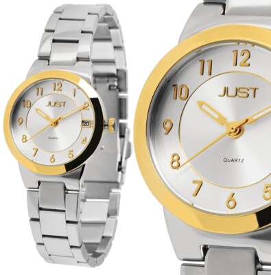 kleine Damenuhr Armbanduhr Gelbgold Silber Edelstahl Datum 3ATM JU10170 JUST