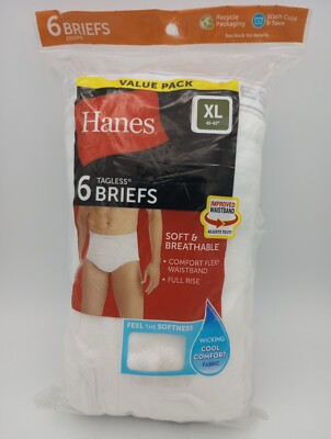 Hanes Briefs 6-Pack Men's Tagless Underwear XL 40''-42'' ComfortSoft Waistband New
