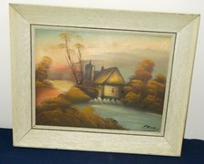 NICE VINTAGE SIGNED OIL PAINTING ON CANVAS WITH WATER WHEEL RIVER SCENE