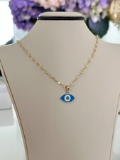 14k Solid Gold Blue Evil Eye Pendant Enamel Charm Bad Eye Necklace, Gift Women