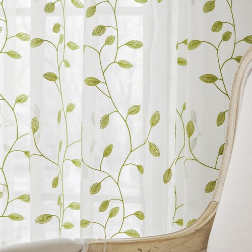 2 Panels Sheer Embroidered Leaf Curtain Voile Tulle Window Drapery Rod Pocket - Picture 28 of 71