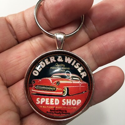 Vintage Older and Wiser Speed Shop Service Sign Logo Keychain