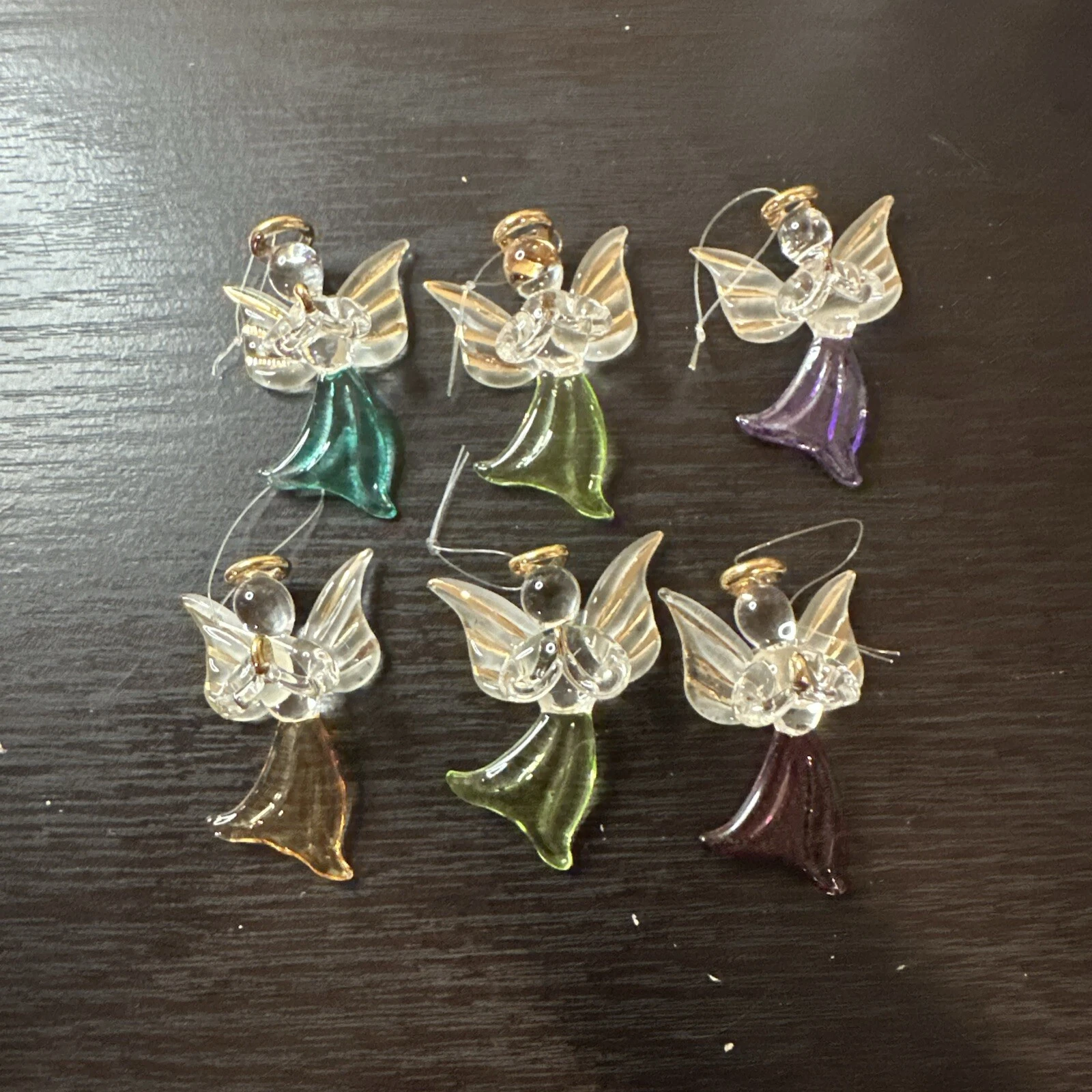 Handmade Glass Miniature Angels 2” Hanging Christmas Ornament Colorful Lot Of 6