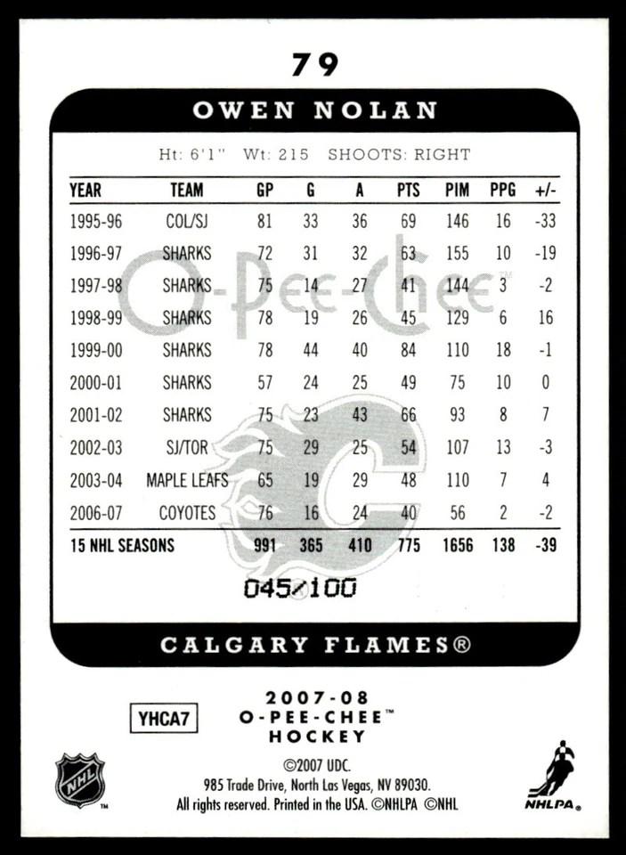 2007-08 O-Pee-Chee Micromotion Black Owen Nolan /100 Calgary Flames #79 - Image 2 of 2