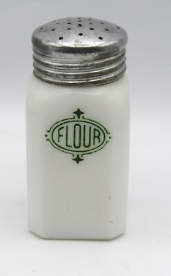 VINTAGE HAZEL ATLAS MILK GLASS KITCHEN/RANGE ''FLOUR'' SHAKER (GREEN LETTERING)